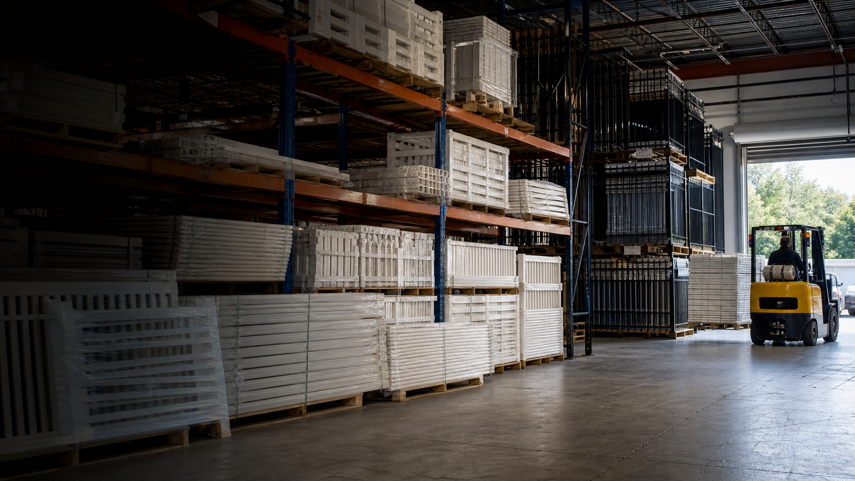 Warehouse aisle with stocked fence and railing material and a forklift