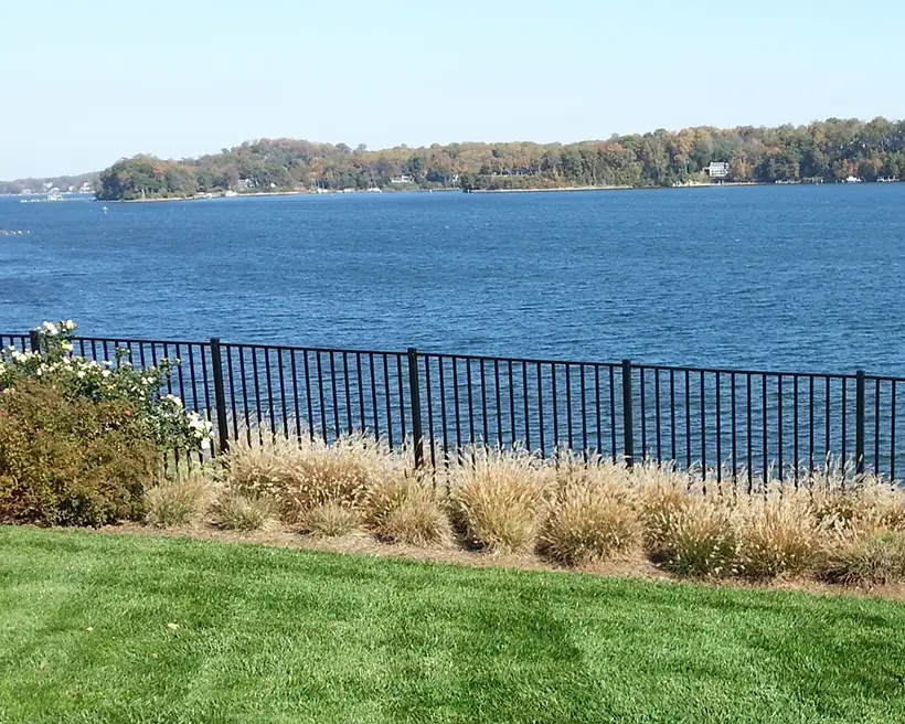 Black aluminum fence along a lawn overlooking the water